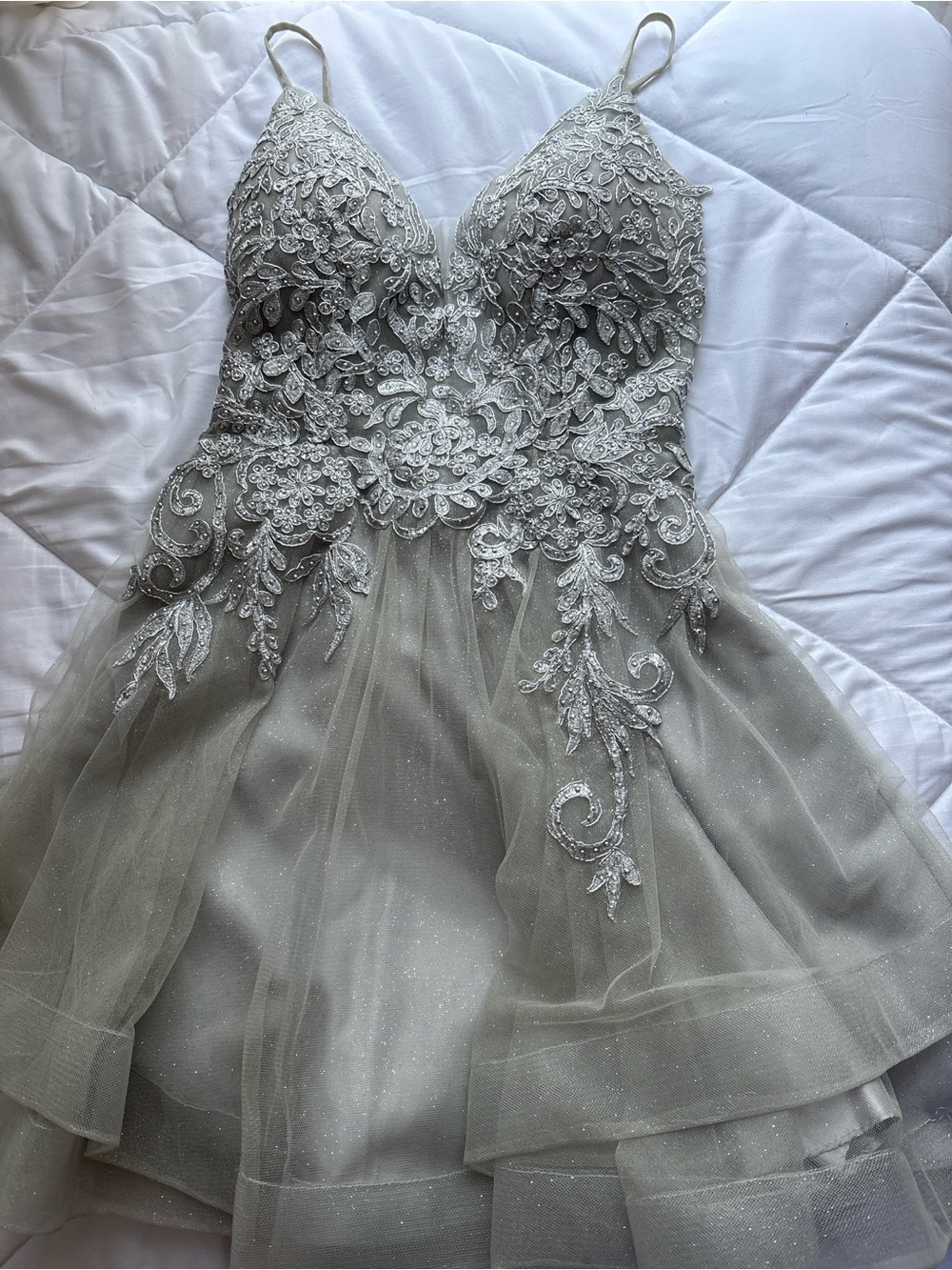 Girls Silver Embroidered Tulle Party Dress